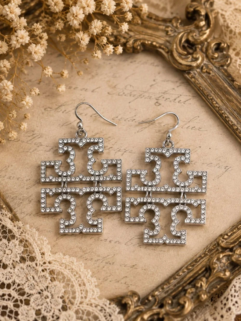 TORY BURCH • Silver Britten Crystal Logo Drop Earrings